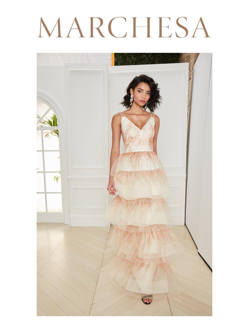 Marchesa Notte Sleeveless V-Neck Glitter Tulle Tiered Gown